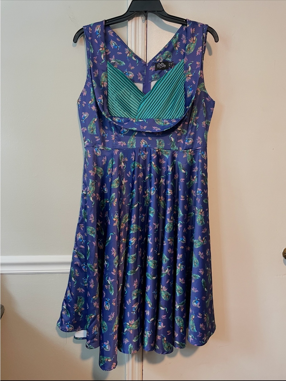 Dolly and Dotty Blue Peacock Print Swing Dress